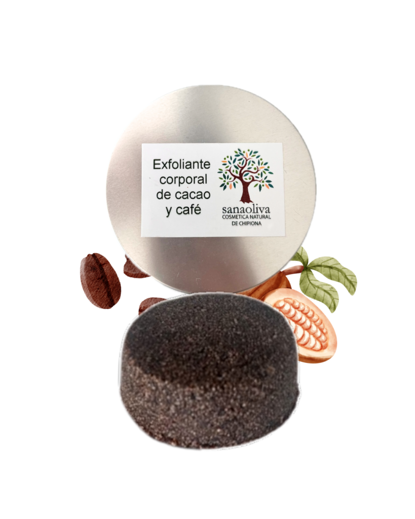 exfoliante natural de café y cacao, fabricado por Sanaoliva para el cuerpo
